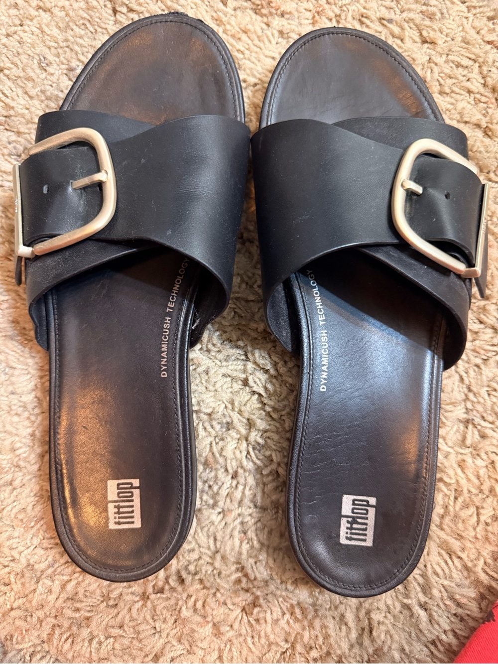 Fitflop Black Slide Sandals with Gold-Tone Buckles